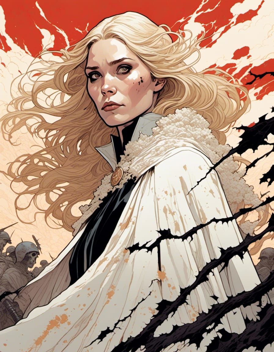 Ethereal Death Goddess on Battlefield in Comic Style