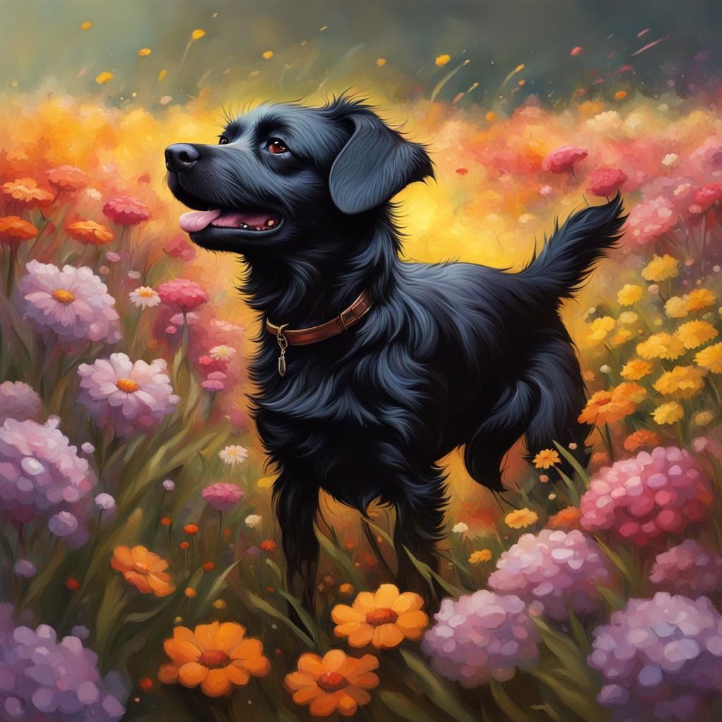 Hyperrealistic Black Dog in Flower Field