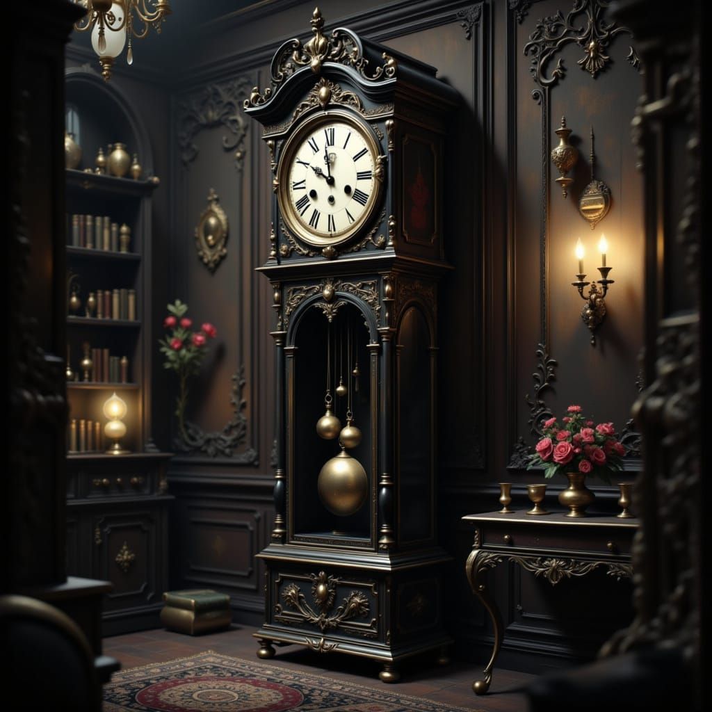 Victorian Grandfather Clock with Human Face in Moody Study