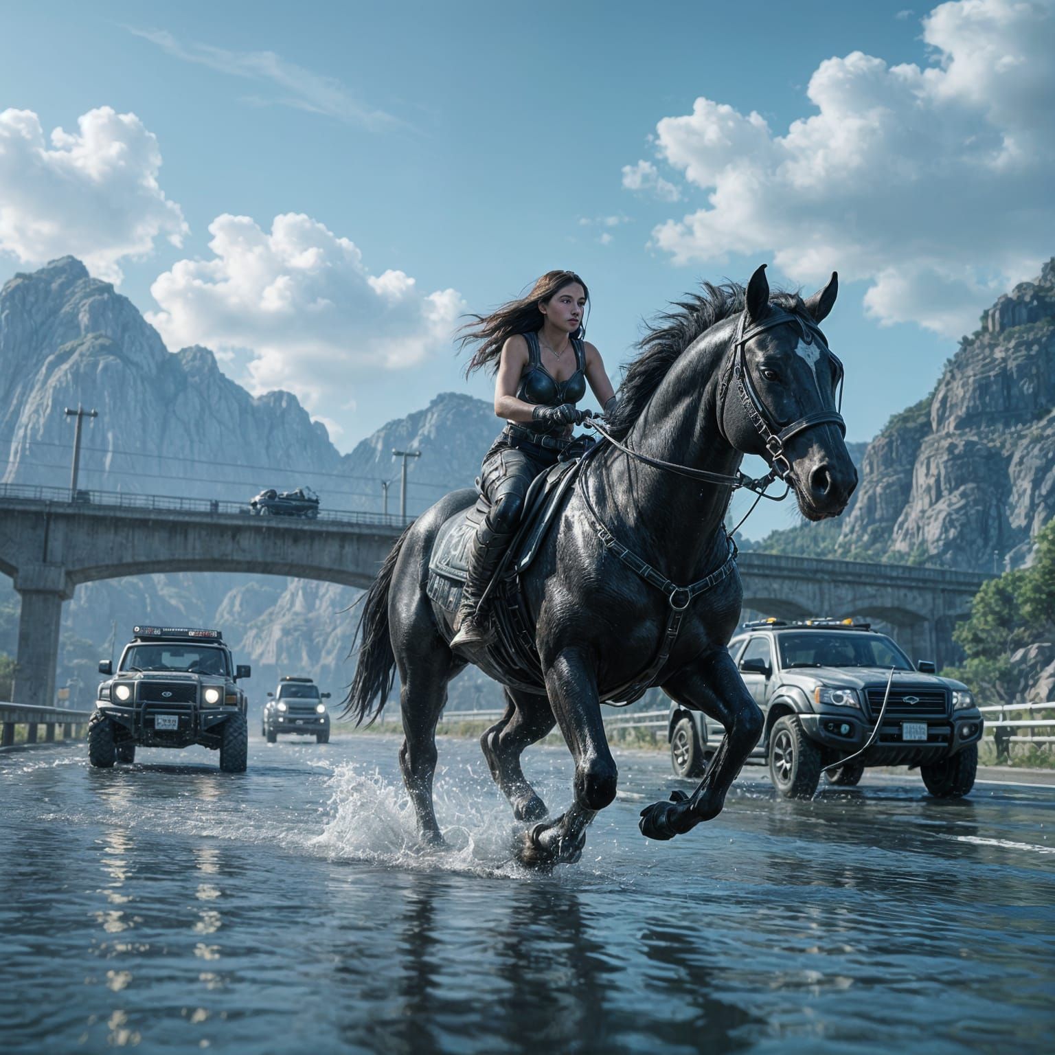 Girl Rides Venom Horse on Flooded Highway