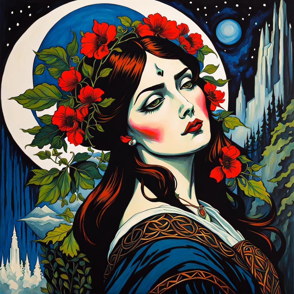 Gothic Druidess in Gouache Ink Print Style