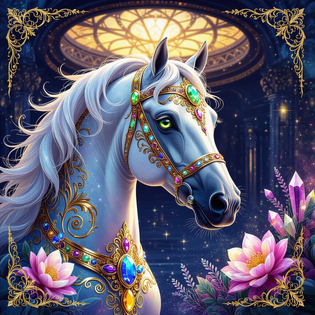 Magical Celestial Horse Head with Gold Filigree and Gems