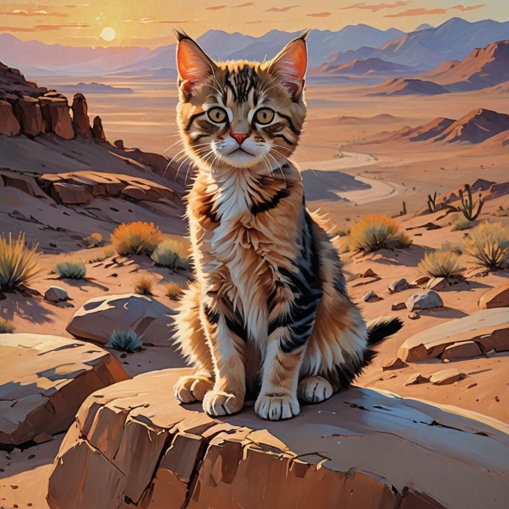 Grumpy Kitten in Desert Sunset: Impressionist Oil Painting