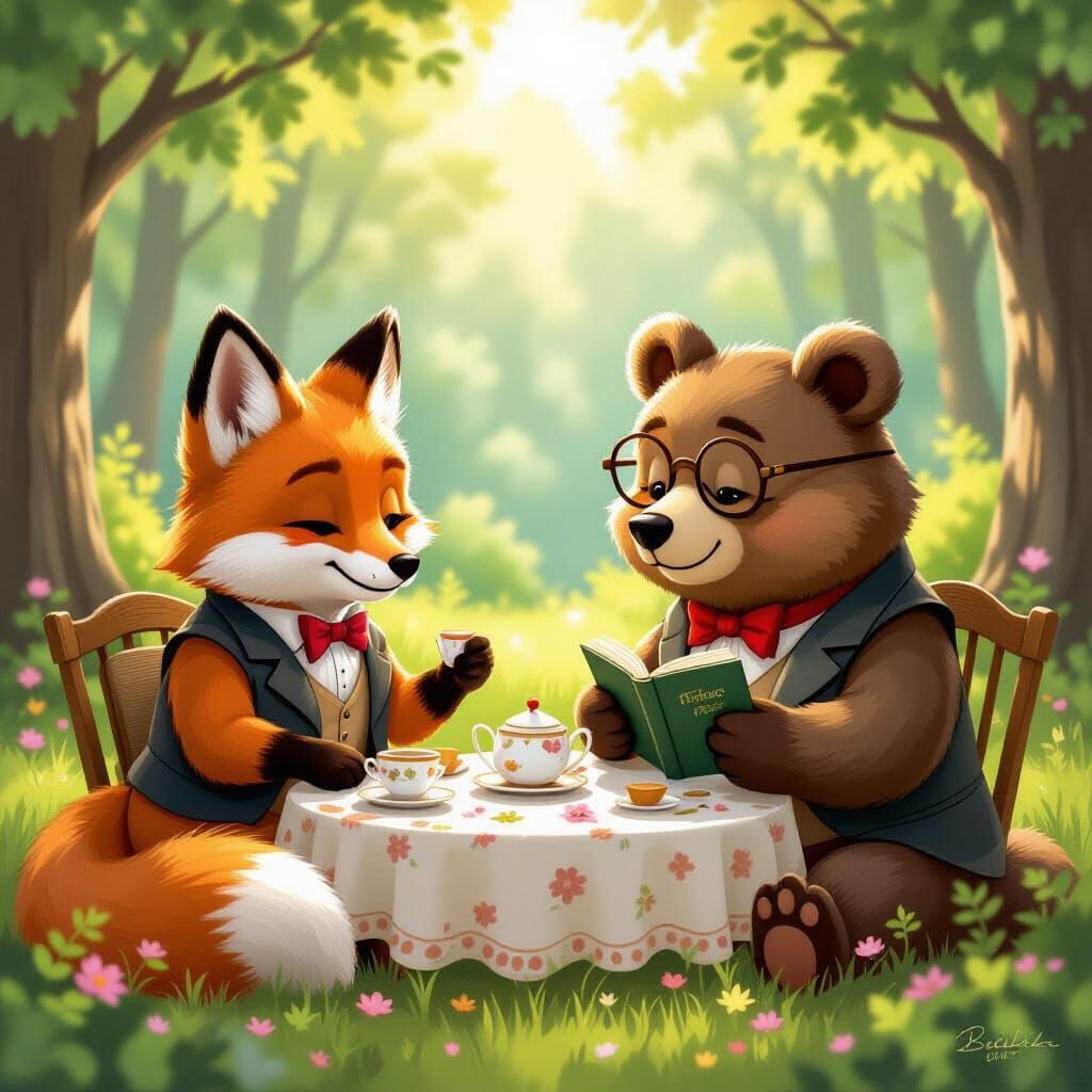 Whimsical Animal Tea Party in Sunlit Forest
