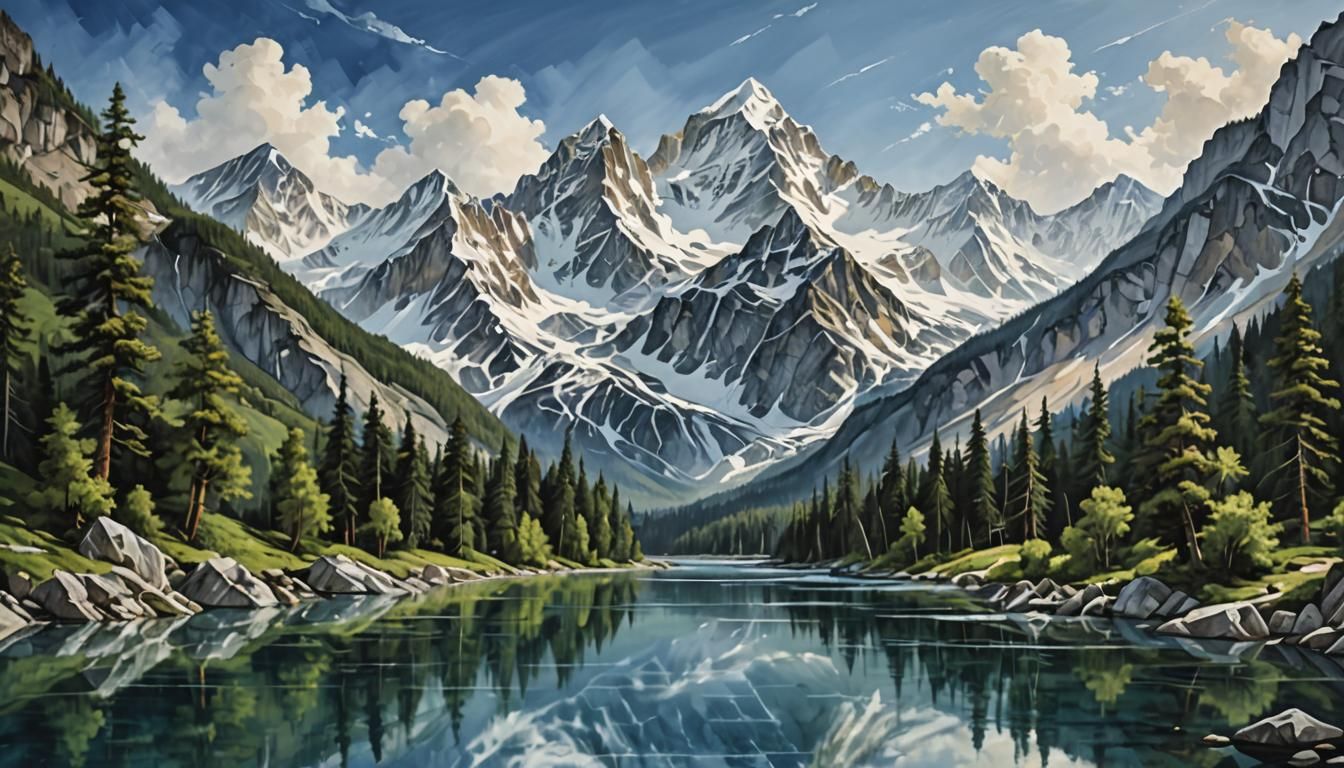 Marble-Style Mountain Landscape with Oil Paint Accents