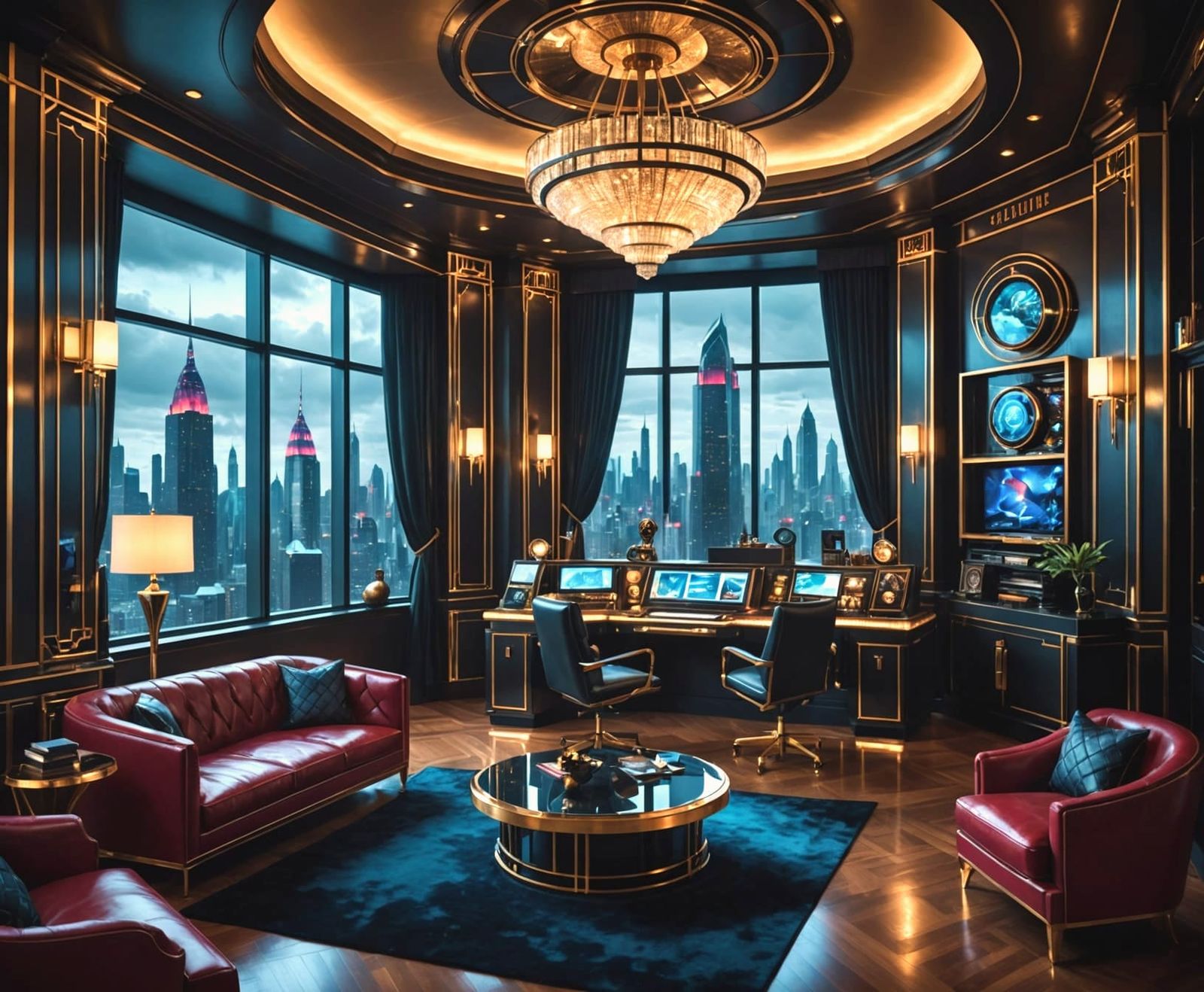 Art Deco Supervillain Penthouse Overlooking Futuristic City