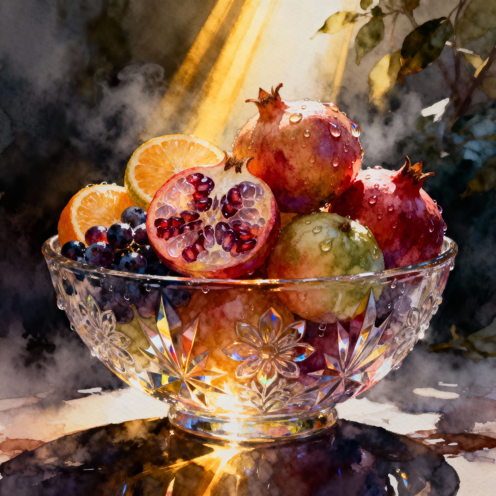 Glass Bowl of Fruit Masterpiece in Watercolor