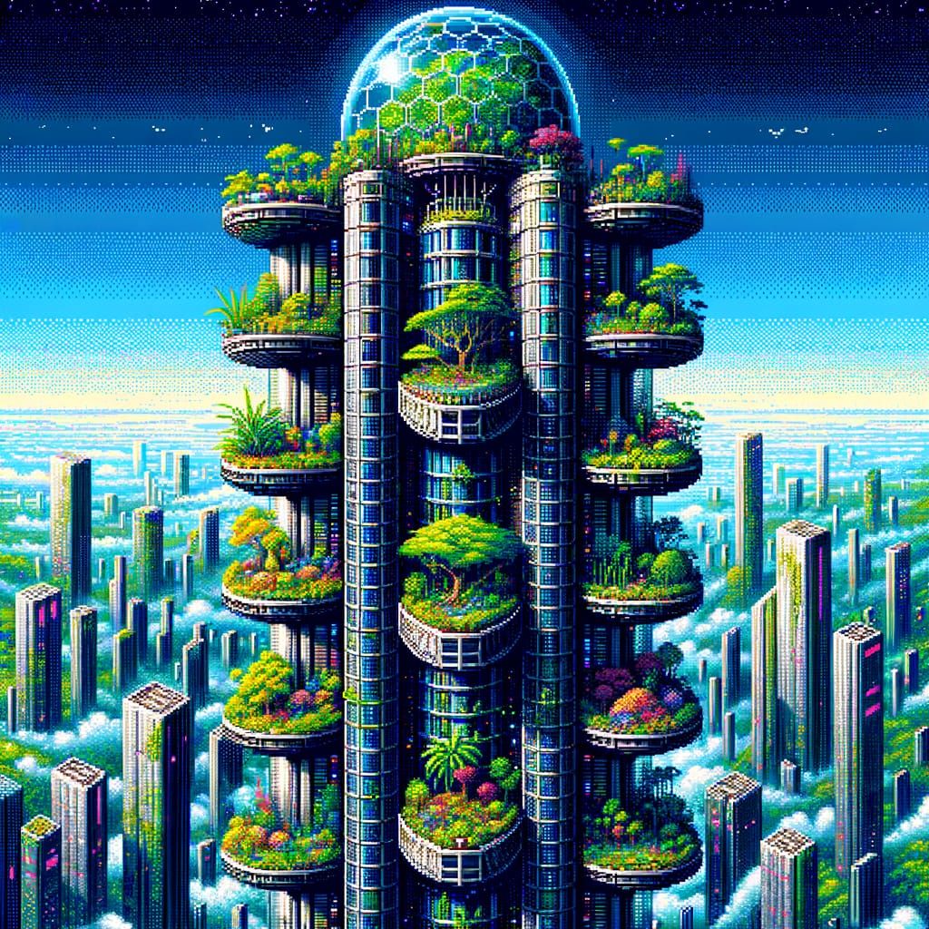 8-bit Pixel Art: Futuristic Botanical Skyscraper