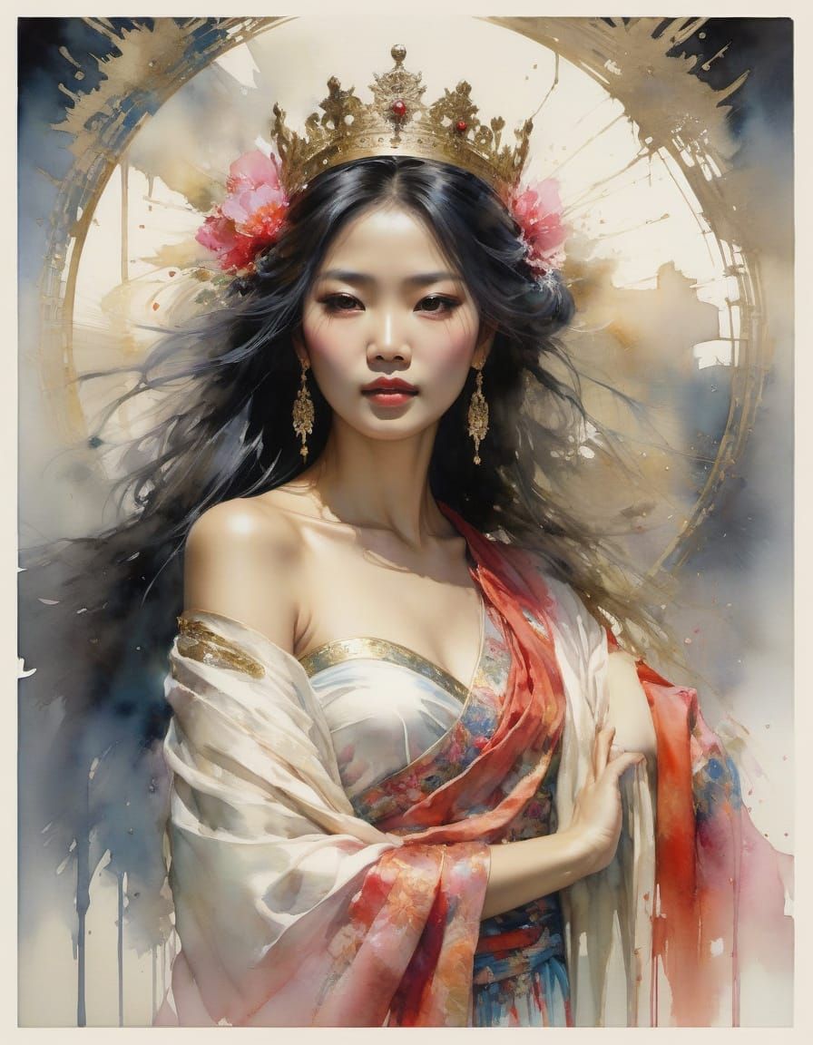 Beautiful Asian Queen in Draped Silk, Watercolor Painting