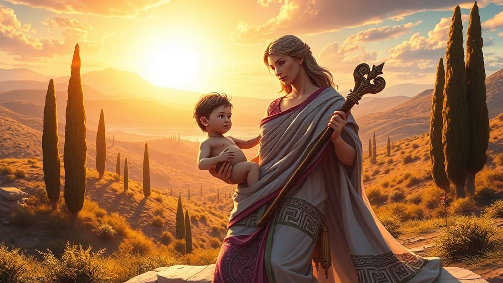 Alcmene and Baby Hercules in Mythical Setting