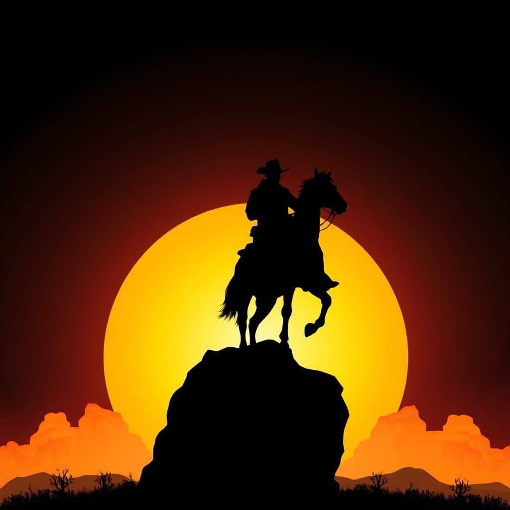 Psychedelic Cowboy Silhouette on Horse with Revolver