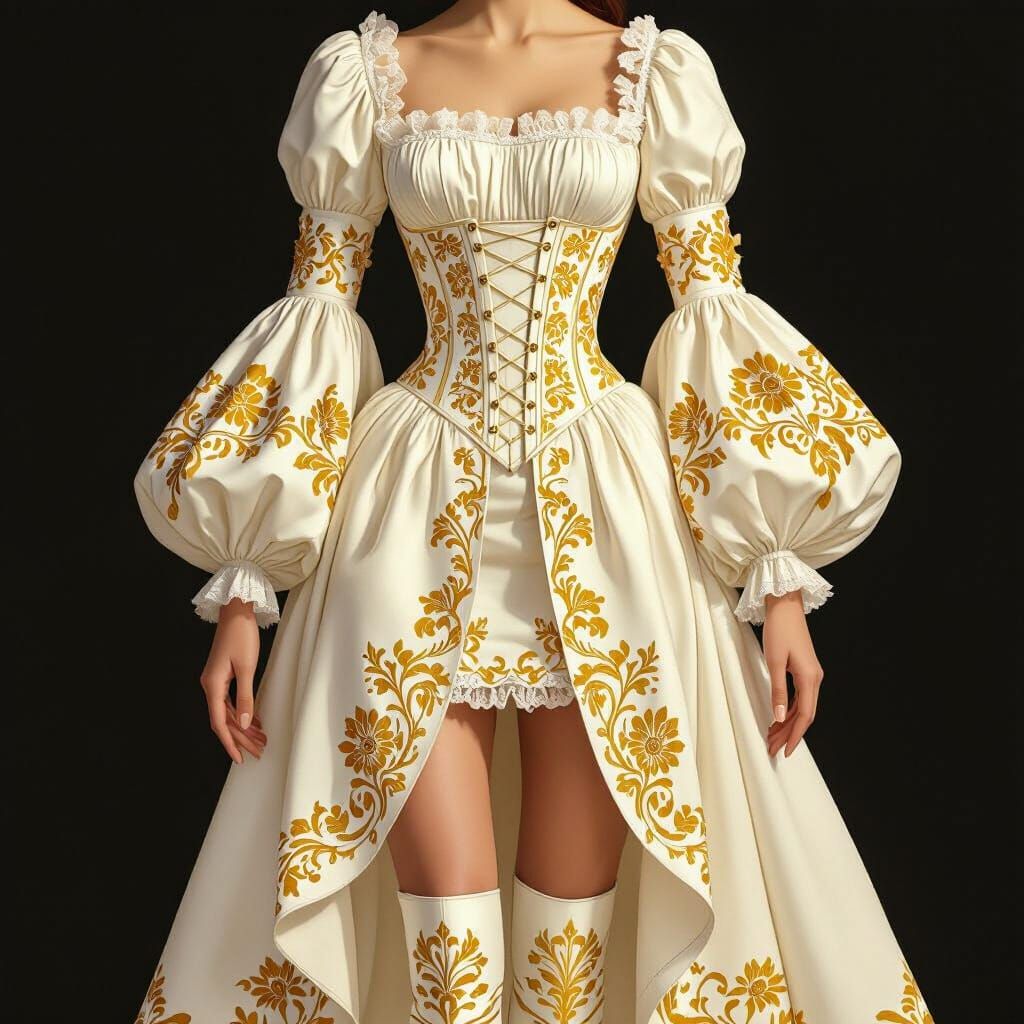 Baroque Ivory Dress with Gold Floral Pattern