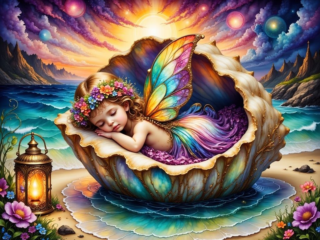 Sleeping Fairy in Seashell: Fantasy Ink Art