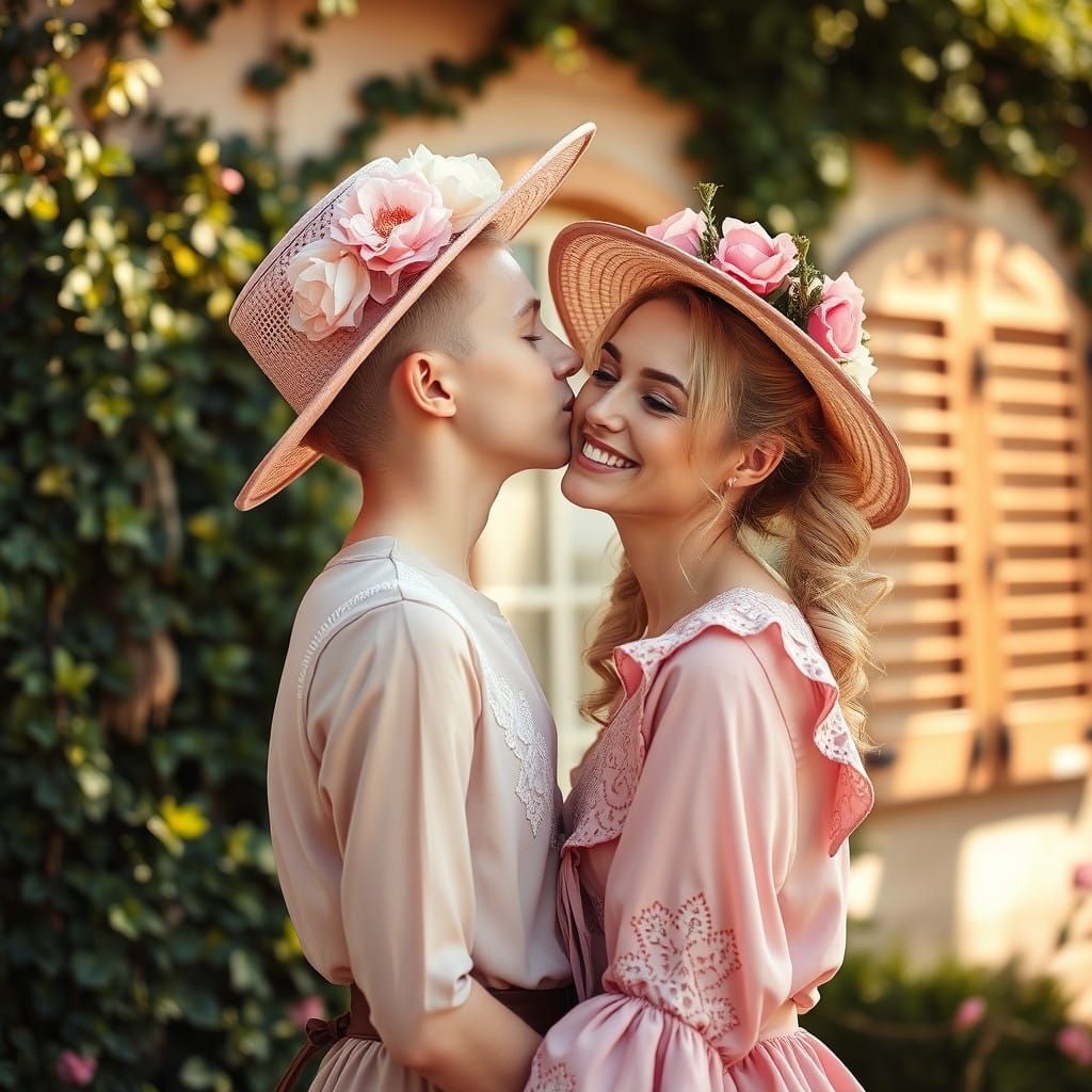 Androgynous Gentleman in Pastel Pink Dress, Tender Moment wi...