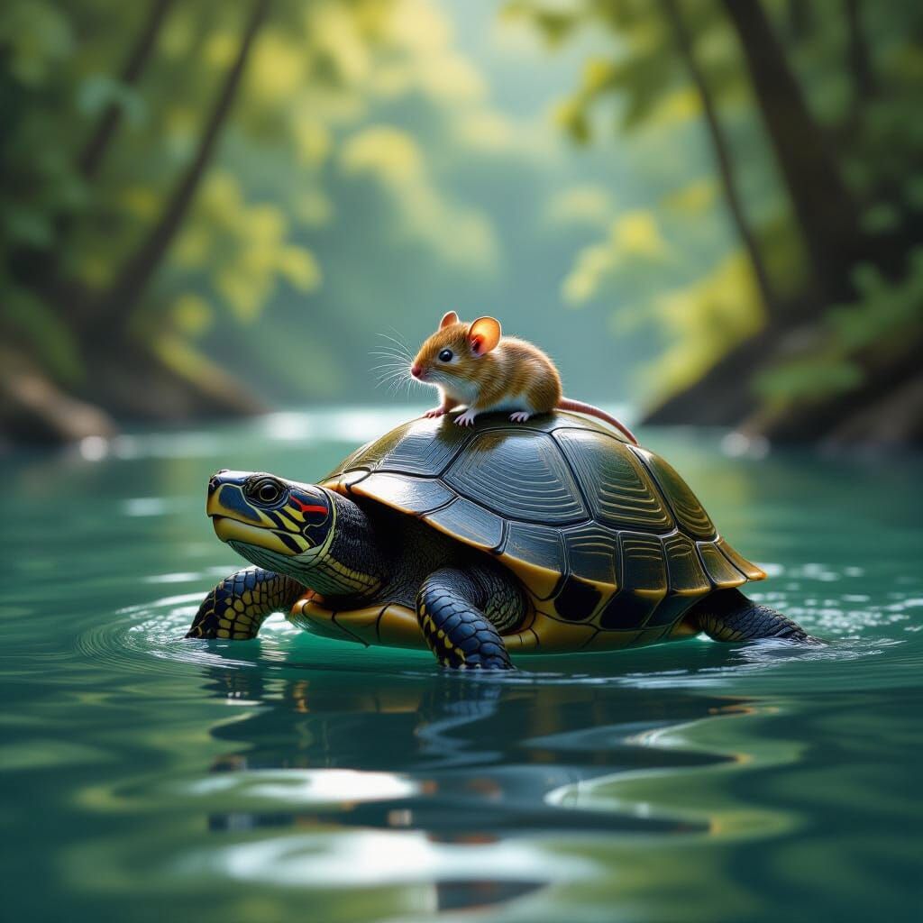 Mouse Rides Turtle Across River in Hyperrealistic Digital Pa...