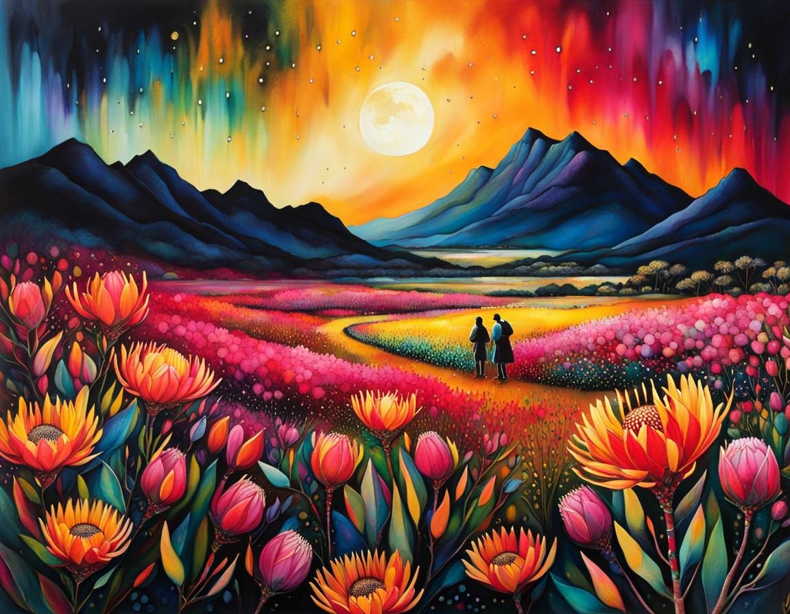 Rainy Night Over King Proteas Field: Alcohol Ink Art