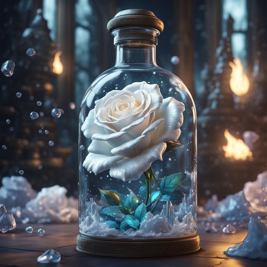 Crystal White Rose in a Bottle: Detailed Matte Painting