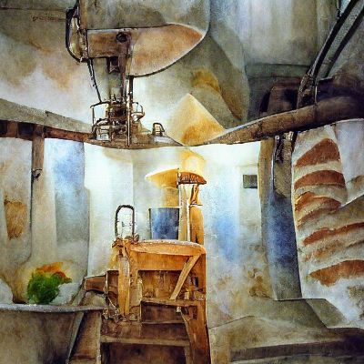 Rustic Grain Mill Interior in Watercolor
