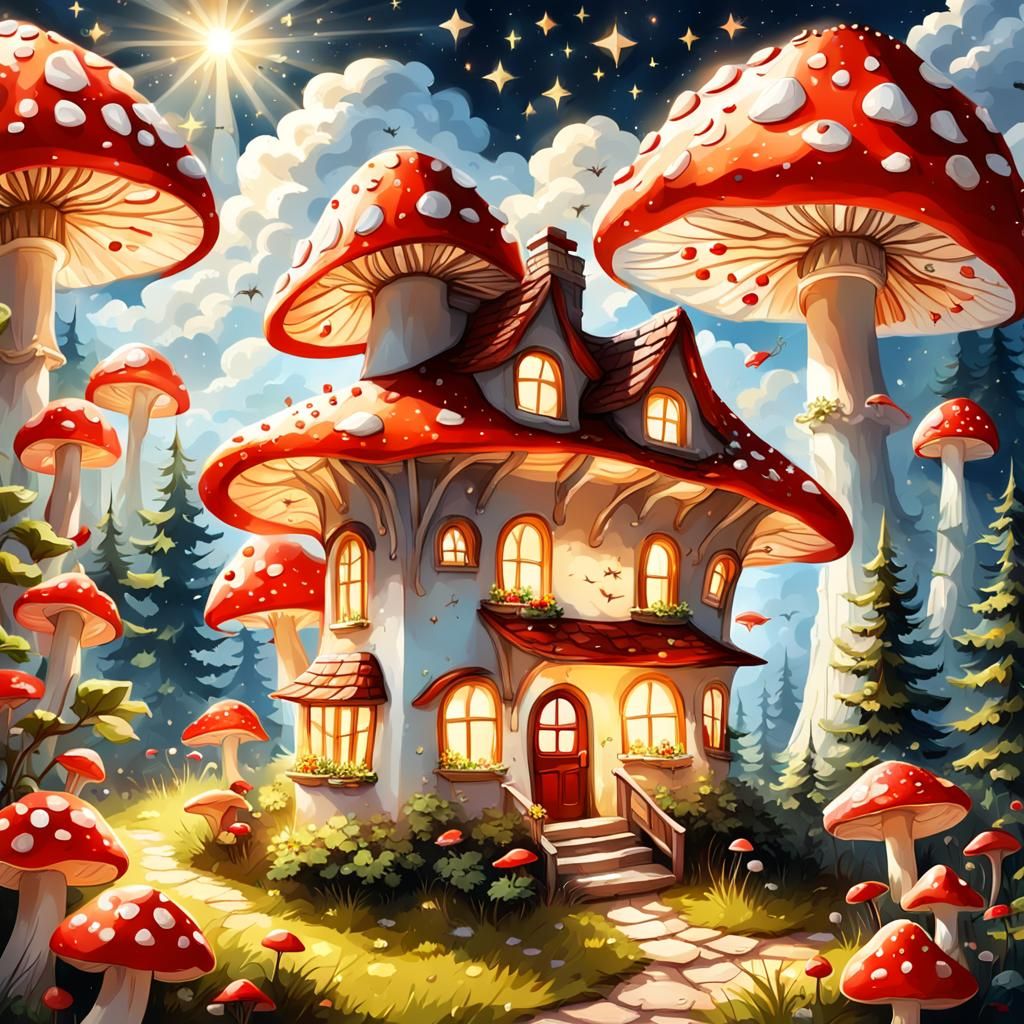 Mushroom House at Night with Starry Sky