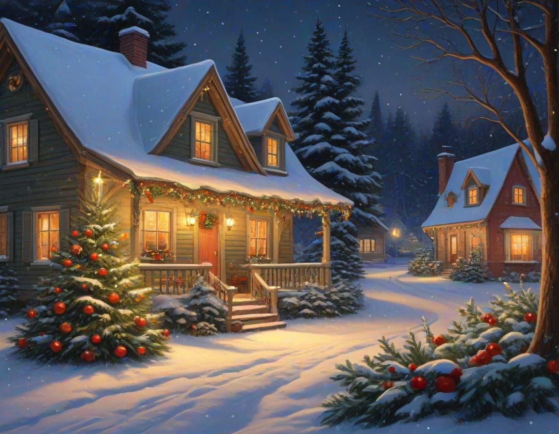 Vibrant Oil Painting of a Cozy Christmas Scene