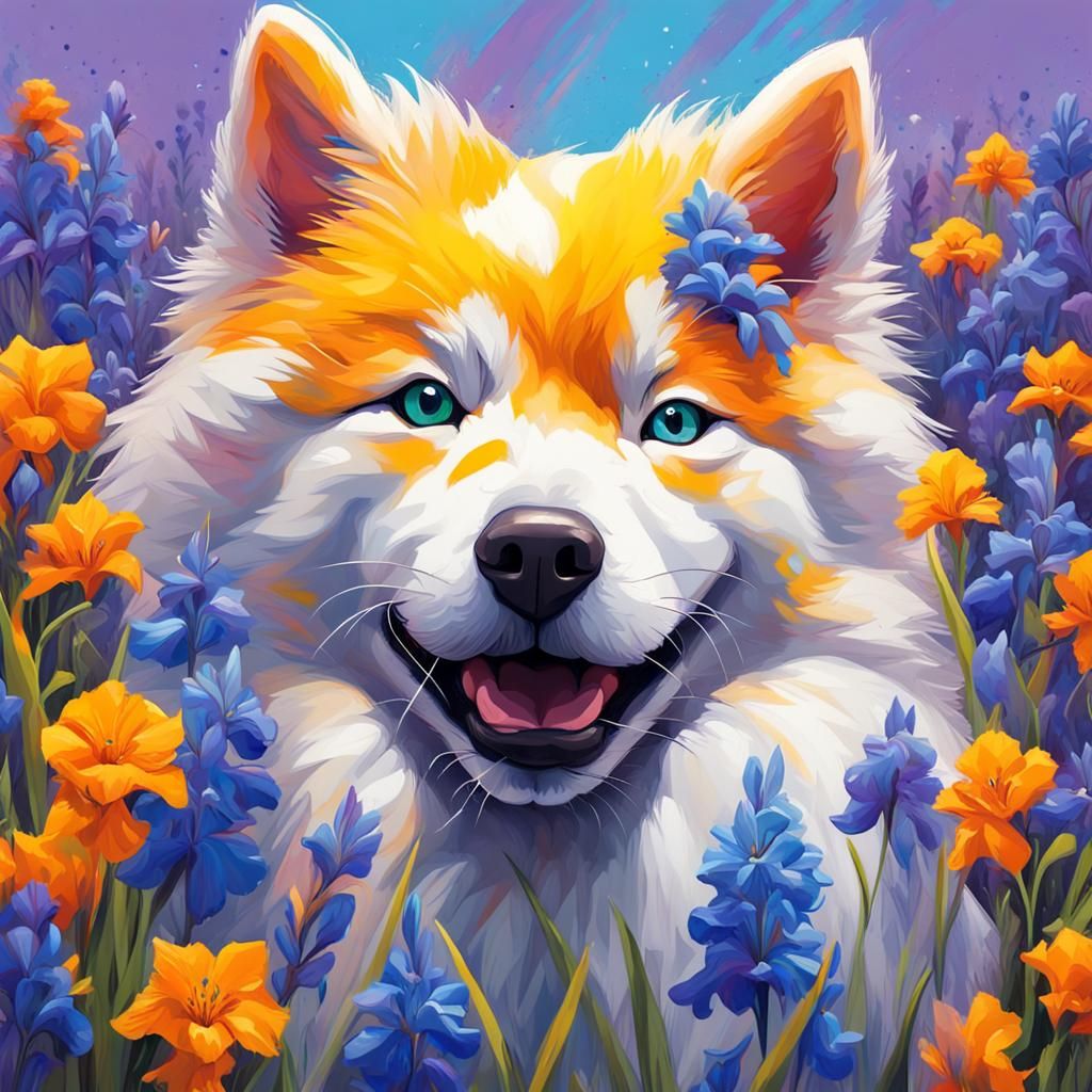 Polychromatic Samoyed and Tabby Cat Graffiti Art