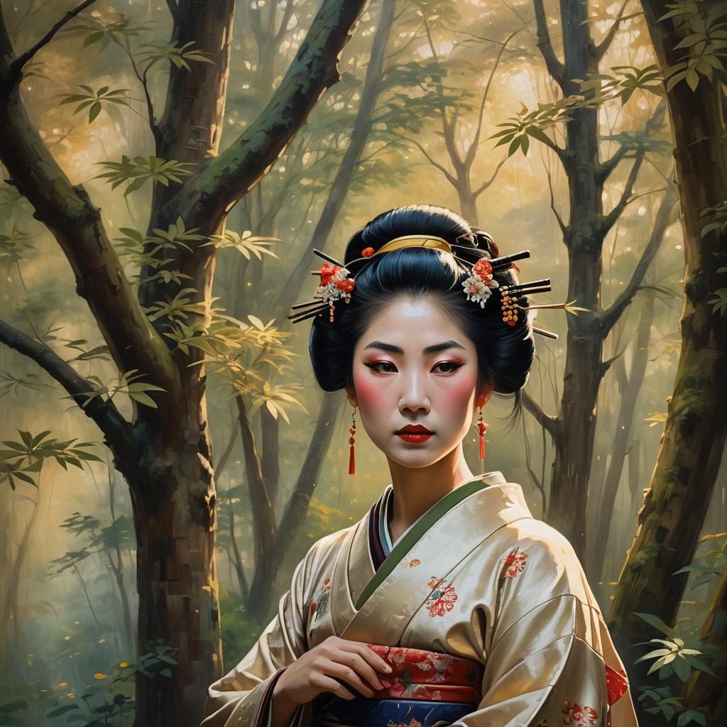 Serene Geisha in Forest Oil Painting