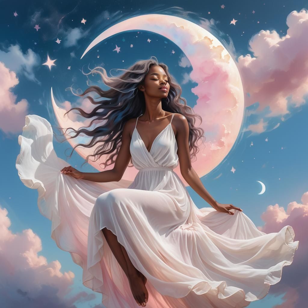 Woman on Opalescent Moon in Ethereal Sky