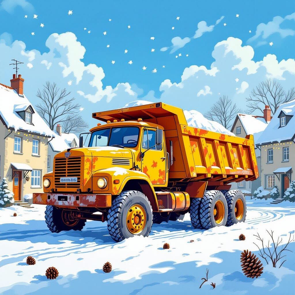Dump Truck in Snowy Village: Watercolor Art