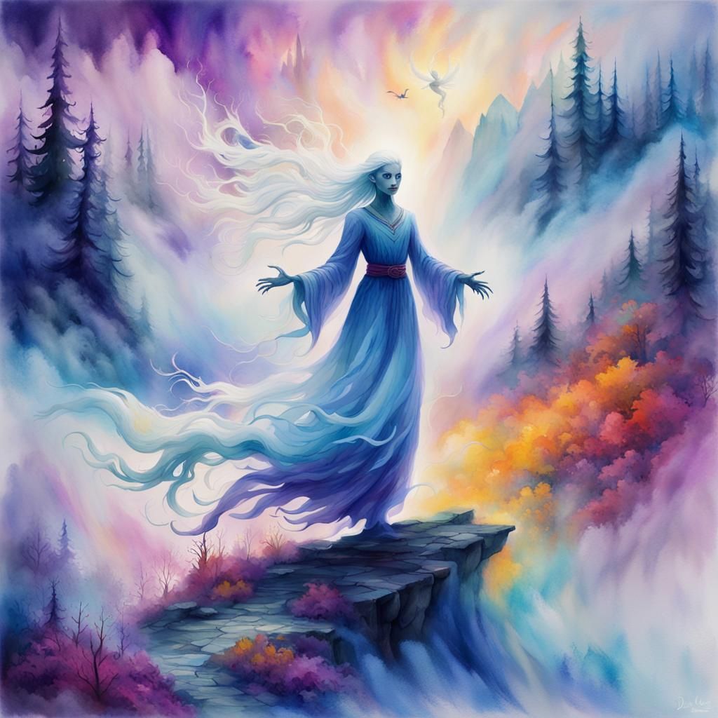 Ethereal White Banshee in Surreal Watercolor Dreamscape