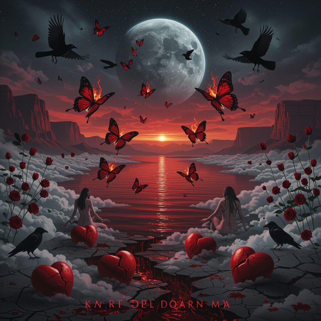 Surreal Bloody Lake with Crimson Butterflies as Dark Art
