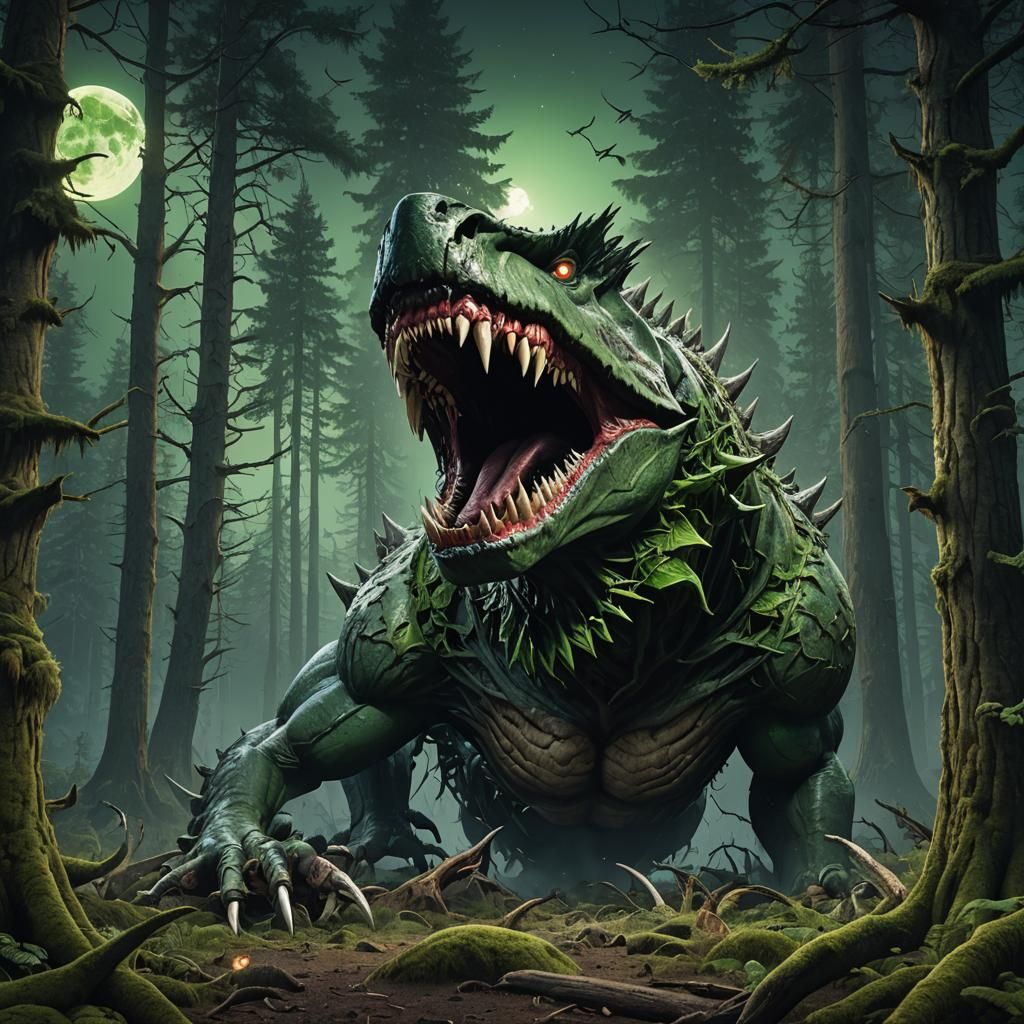 Demonic Jaws Under Green Moon: Fantasy Concept Art