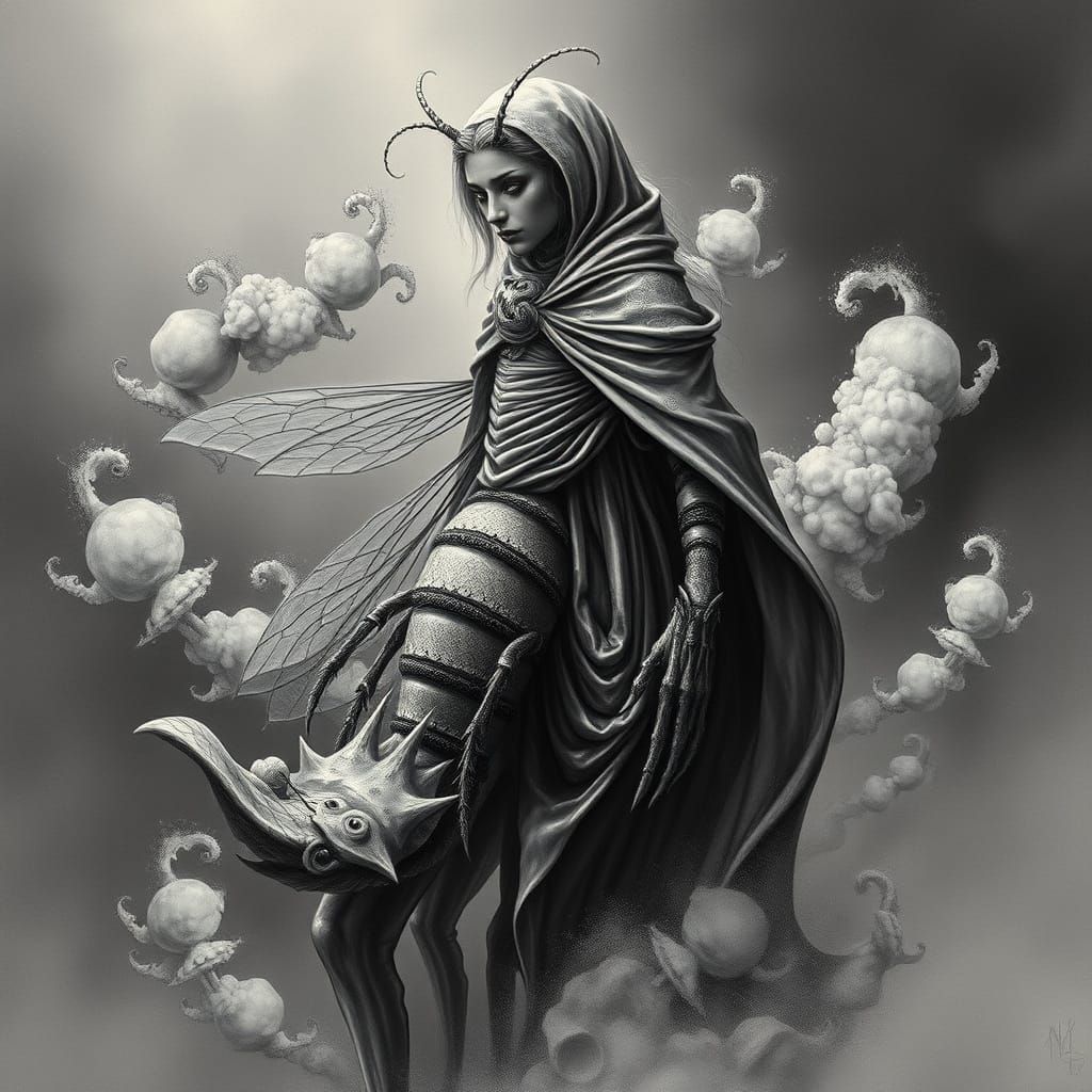 Surreal Bee-Human Goddess in Charcoal-Inspired, Beksiński-St...