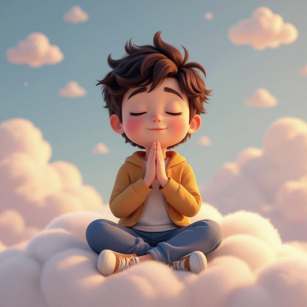 Cartoon Child Meditating on Cloud in Pixar Style