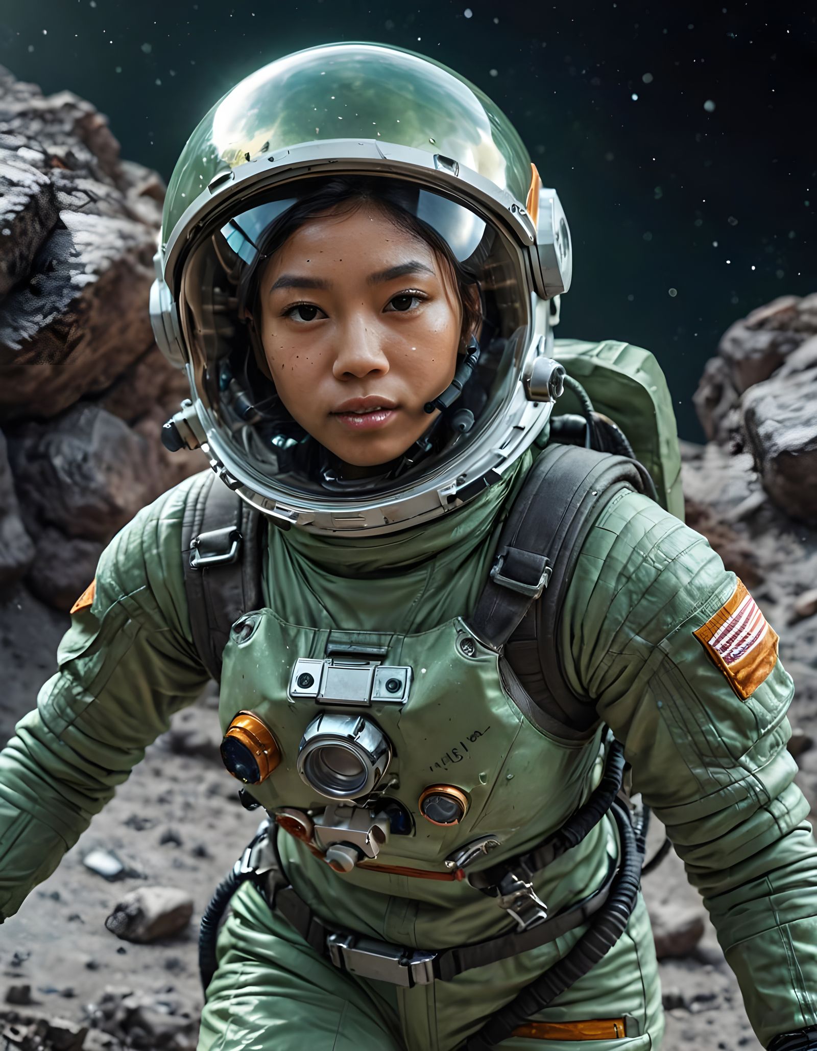 Burmese Woman Astronaut Exploring Asteroid in Spacesuit