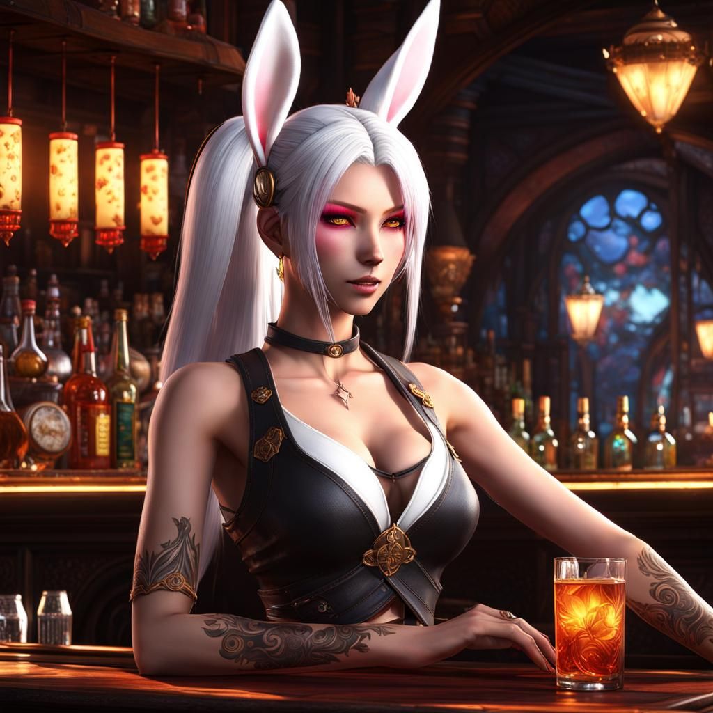Viera Bartender with Sakura Tattoo, Fantasy Art