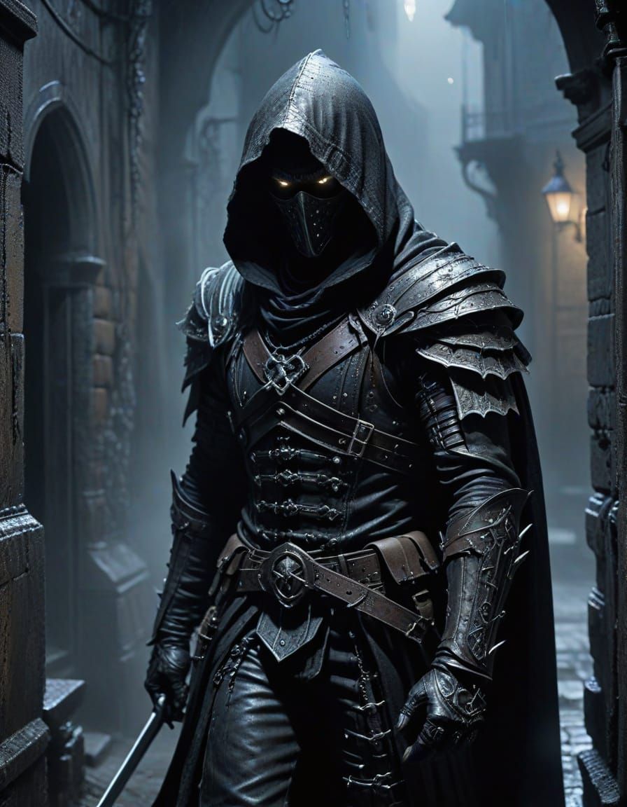 Gothic Thief in Shadowy Alleyway, Dark Fantasy Art