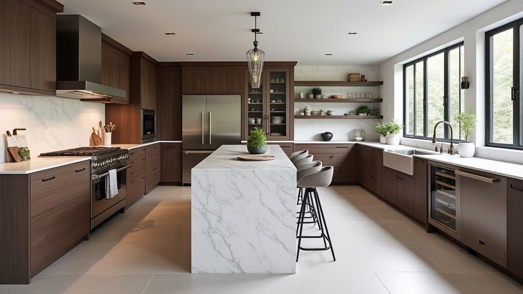 Modern Kitchen Oasis with Polished White Marble and Dark Wal...