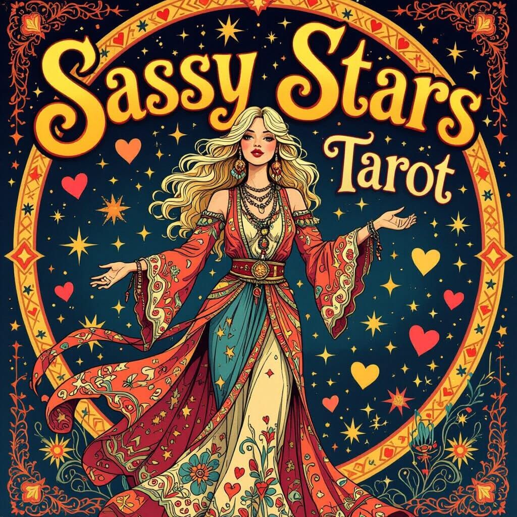 Blonde Fortune Teller Amidst 70s Hearts and Stars