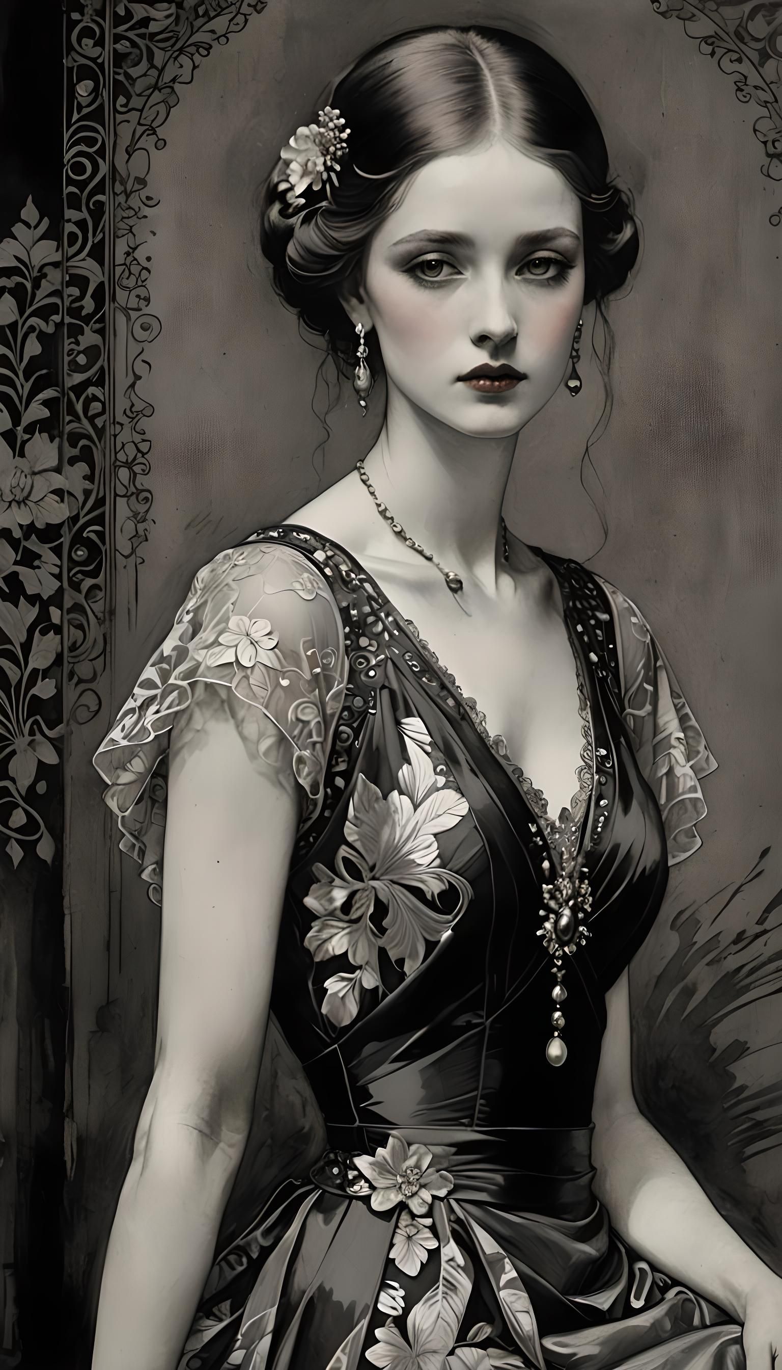 Elegant Woman in Silk Dress: Lithograph Art