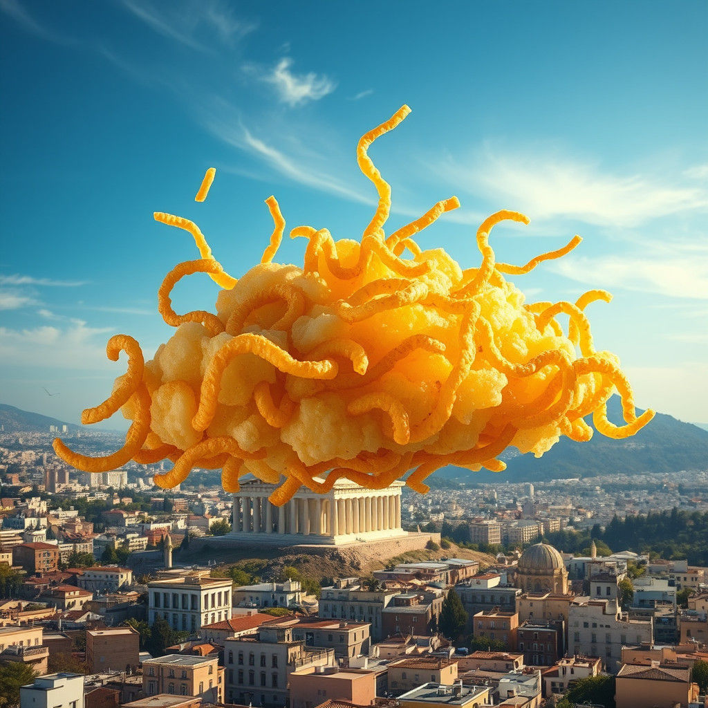 Cloud of Fried Potatoes Over Athens, Hyperrealistic Art