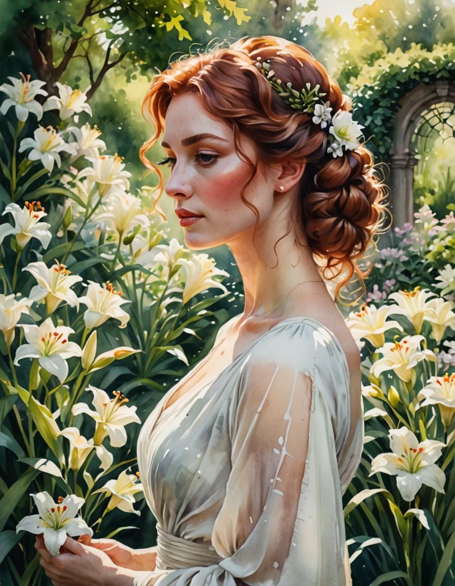 Watercolor Portrait of Lady with Lilies in Botanic Garden