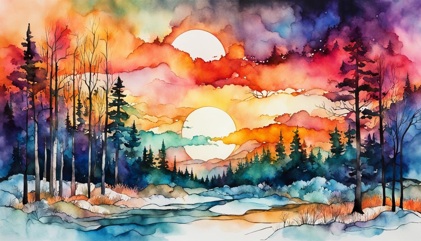 Colorful Sunset Over Forest in Watercolor and Ink