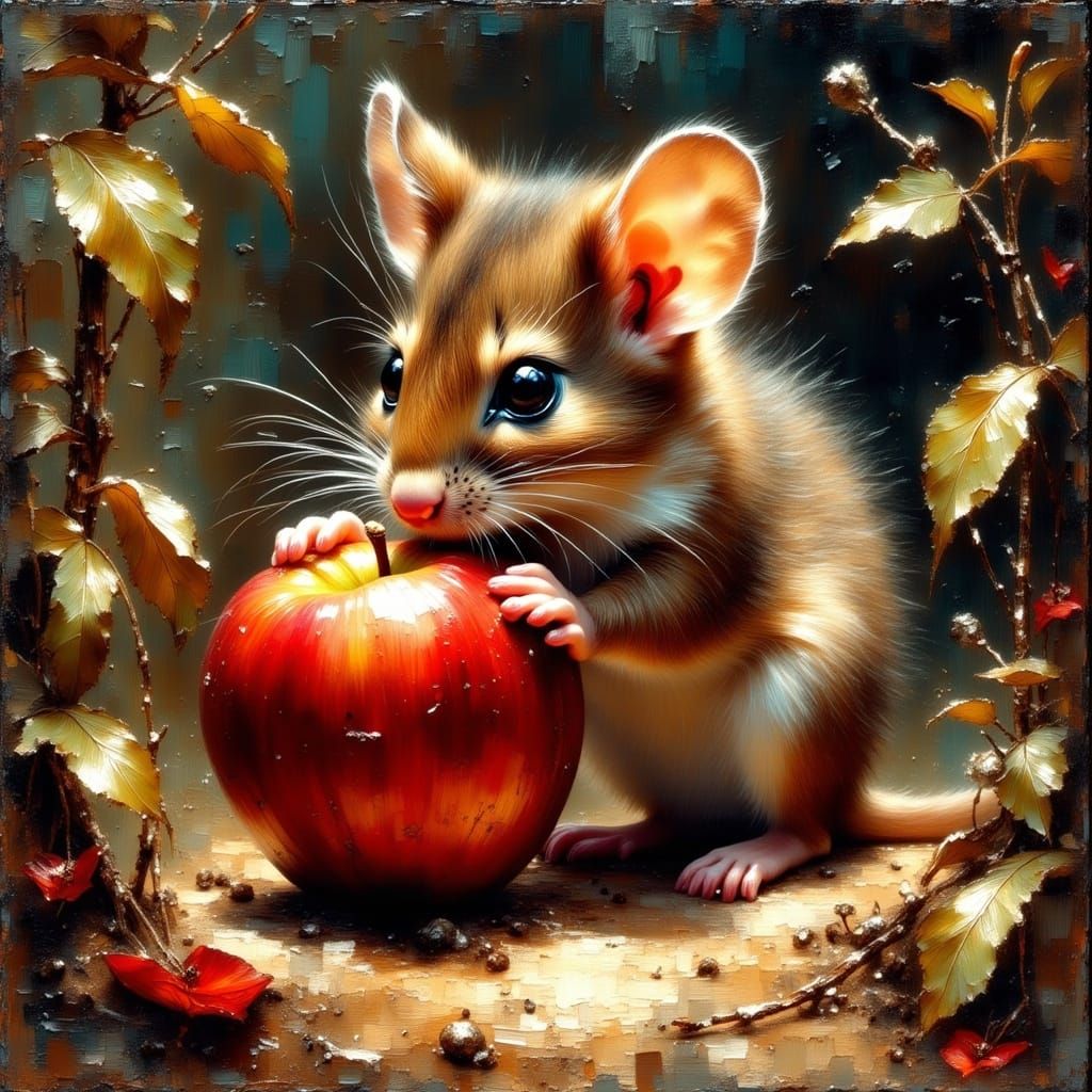 Surreal Oil Painting of Mouse Struggling with Red Apple in D...