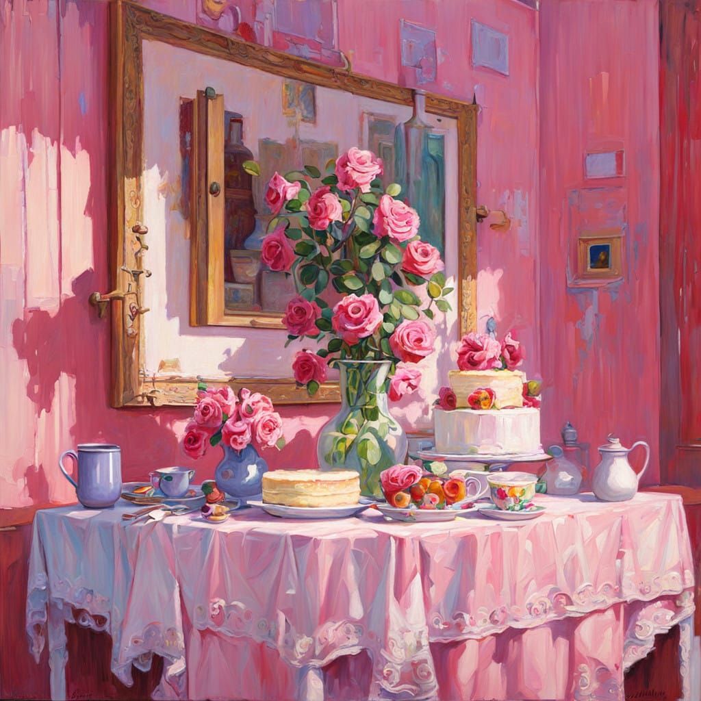 Pink Room Still Life in Waterhouse Style