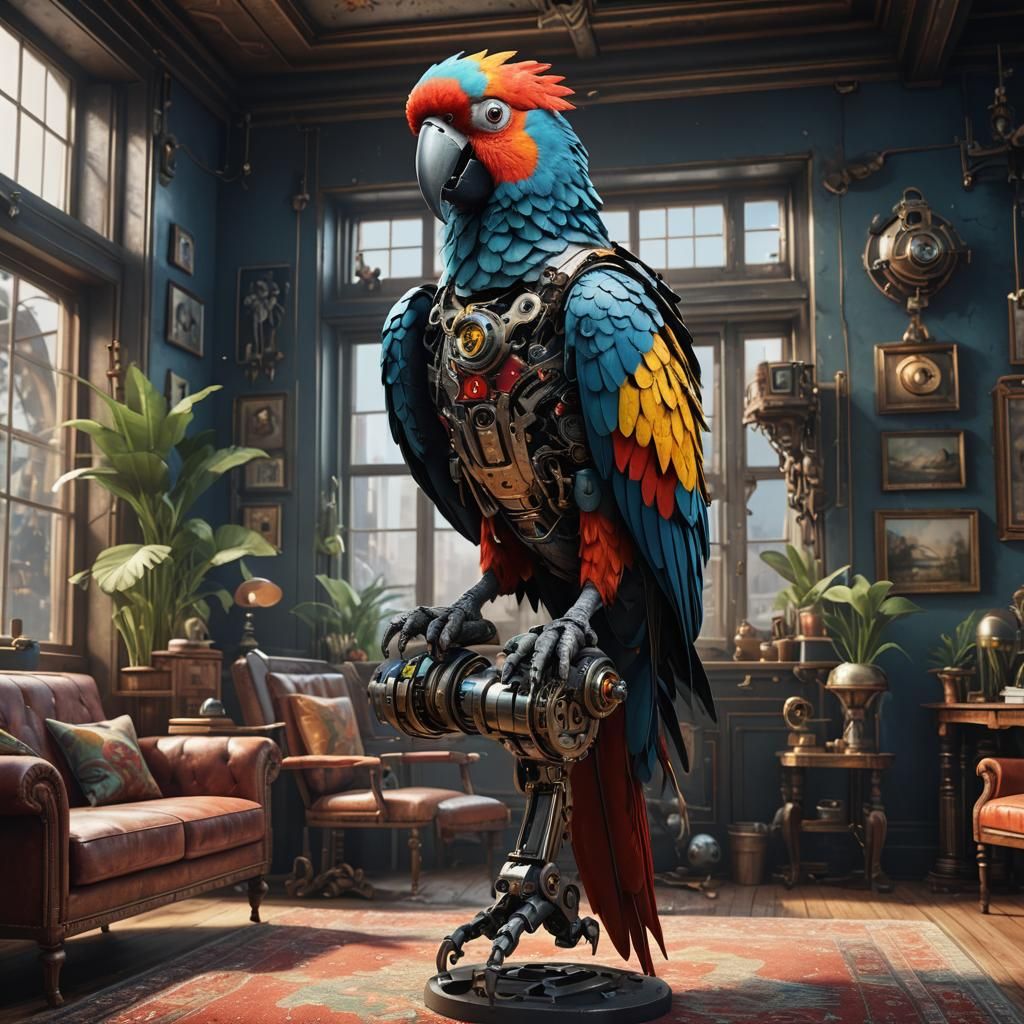 Cyborg Parrot in Living Room, Detailed Digital Art