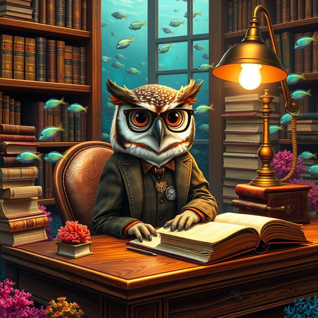 Wise Owl Scholar in Whimsical Study