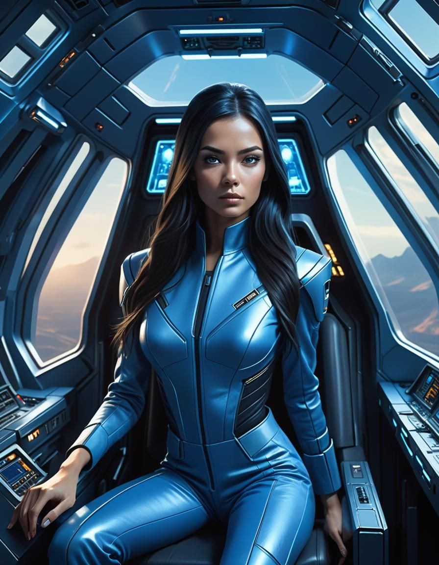 Woman in Spaceship Cockpit: Hyperrealistic Digital Art