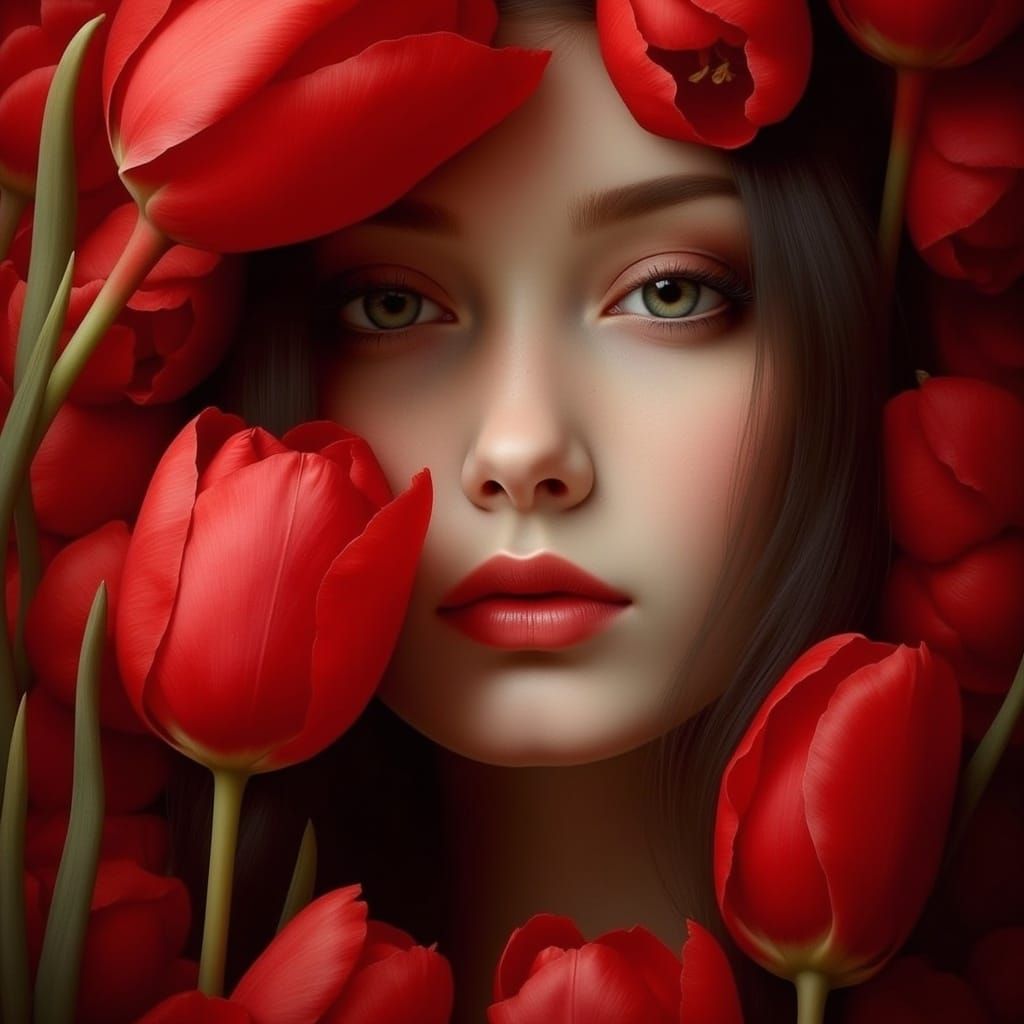 Elegant Woman Surrounded by Velvety Red Tulip Petals