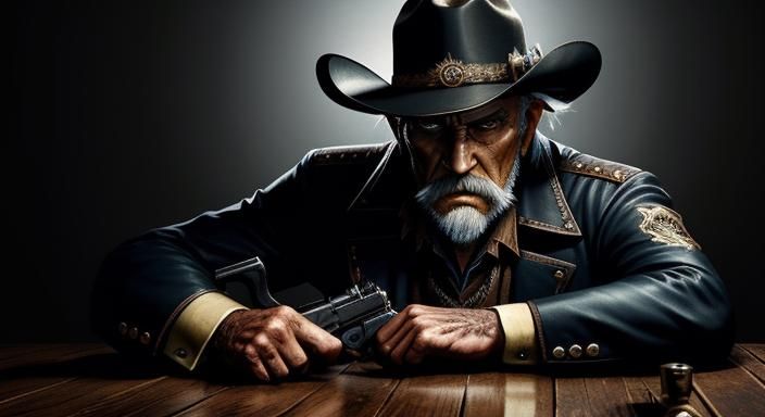 Hyperrealistic Cowboy Cleans Revolver in Saloon