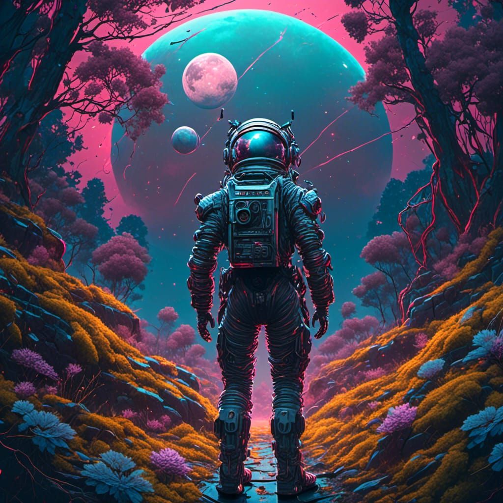 Retrofuturistic Cyborg Astronaut on Forest Planet